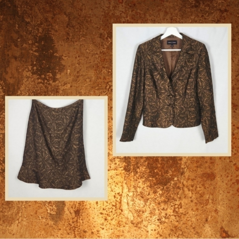 Elegant Vintage Suit Set with Skirt & Blazer in Textured Floral Bronze C…